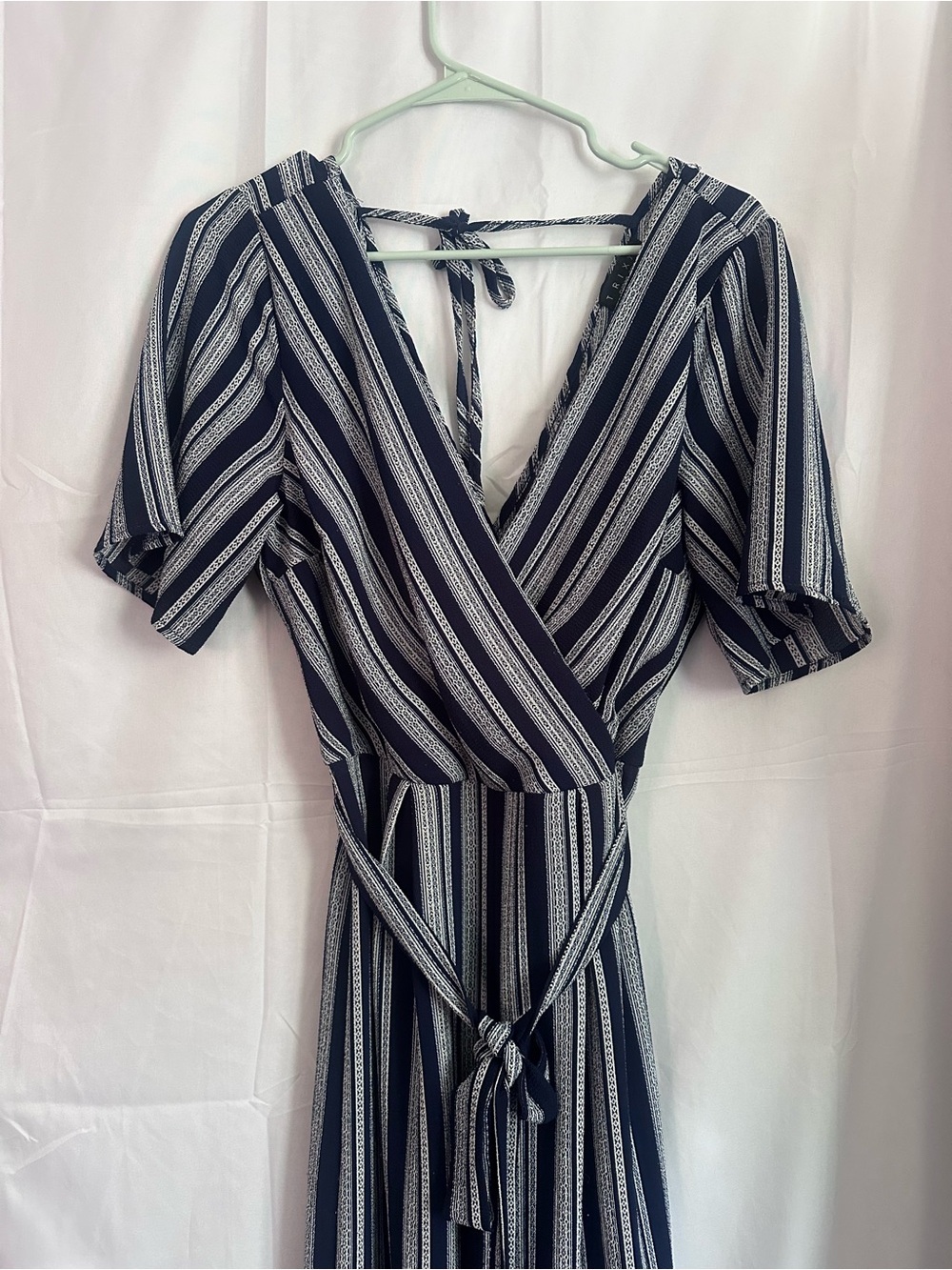 Trixxi Navy & White Striped Wrap-Front Jumpsuit with Tie Waist - Picture 2 of 7